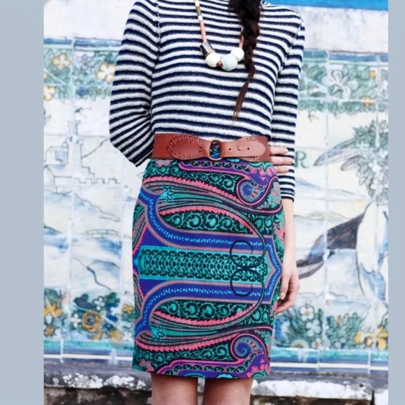 Anthropologie Tracy Reese Colorful Teal Pink Black Scroll Paisley Pencil Skirt 8 - Picture 11 of 14
